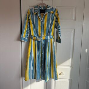 SAMANTHA SUNG Blue and Yellow Striped Shirt Dress with matching headband